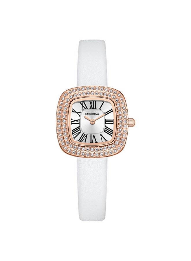 Mark Fairwhale Women‘s Square Diamond Quartz Watch - White Dial, White Leather Strap, Stainless Steel Case, Water Resistant - Image 1